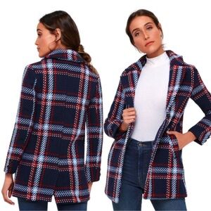 New English Factory Plaid Peacoat in Navy Size XS